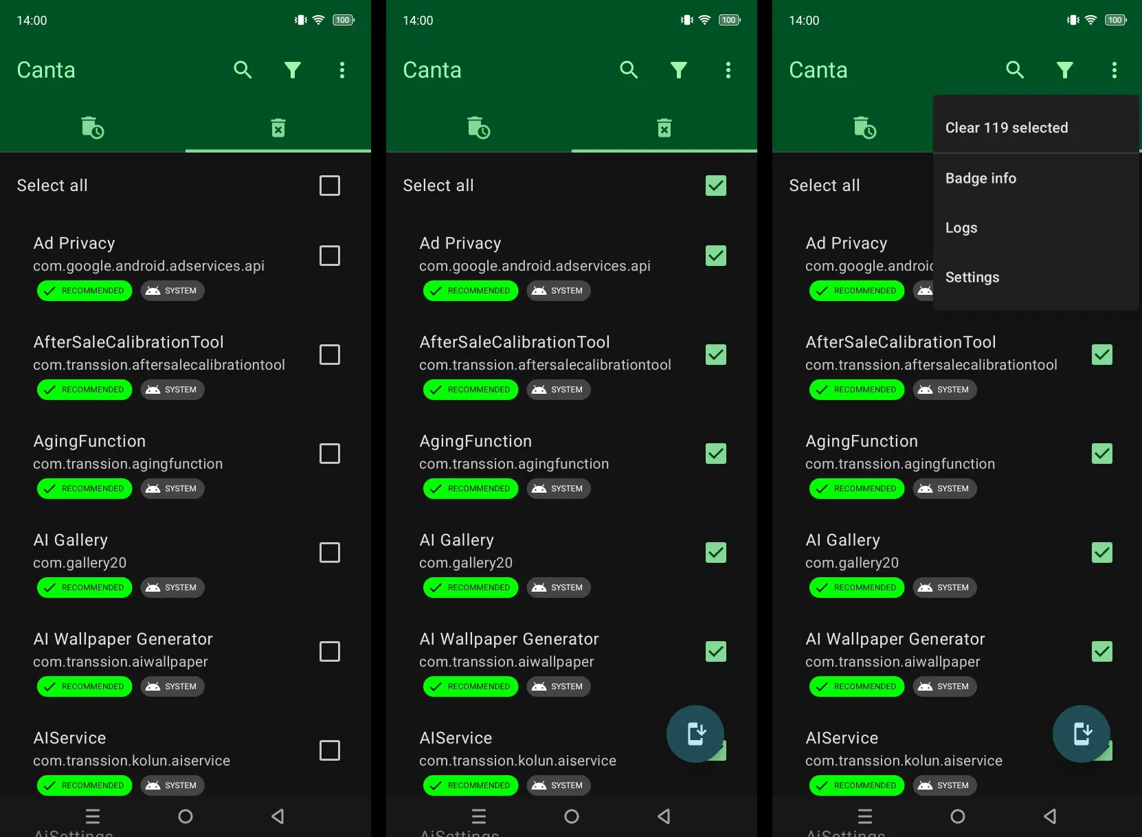 Canta uninstalled app screen